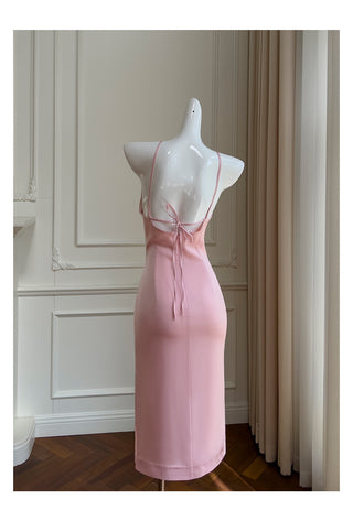 Halter Neck Satin Midi Dress with Floral Detail