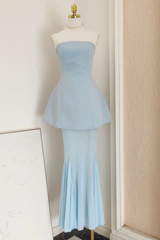 Strapless Crepe Peplum Corset Long Dress with Flowy Mesh Skirt