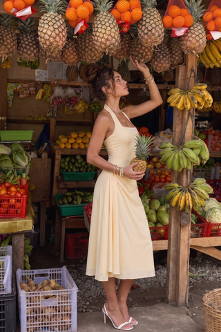 Halter Neck Midi Dress – Draped Waist & Open Back