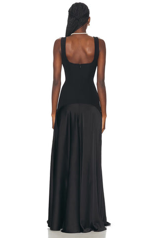 Square Neck Fitted Bodice Long Dress with Flared Satin Skirt