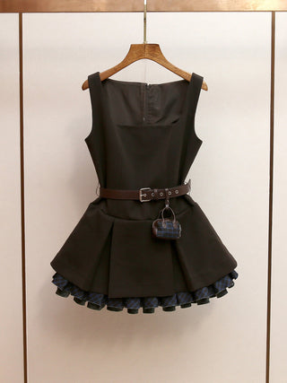 Sleeveless Short Structured Mini Dress with Layered Hem and Belt Detail