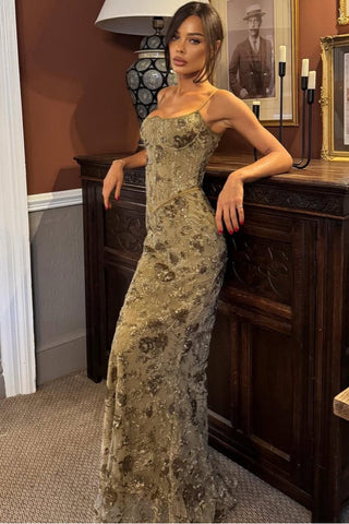 Floral Sequin Corset Long Dress – Spaghetti Strap Fitted Dress