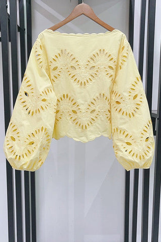 Sunshine Eyelet Co-Ord Set – Statement Sleeves, Scalloped Hem & Embroidered Shorts