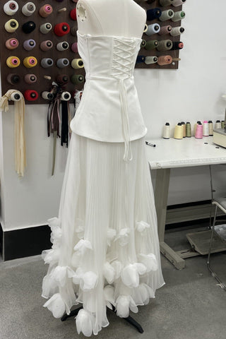 Strapless Lace-Up Corset Long Dress with Pleated Skirt and 3D Floral Trim