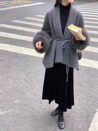 Fur Cuff Belted Knit Cardigan – Long Sleeve Wrap Design