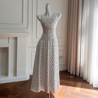 Polka Dot Lace Panel Ruched Midi Dress