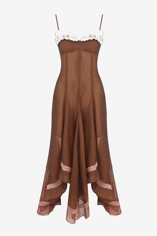 Spaghetti Strap Corset Organza Asymmetric Long Dress with Embroidered Collar Detail