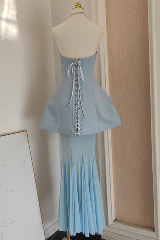 Strapless Crepe Peplum Corset Long Dress with Flowy Mesh Skirt
