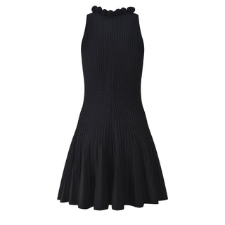 Elegant Ribbed Knit Sleeveless Mini Dress with Floral Trim Neckline