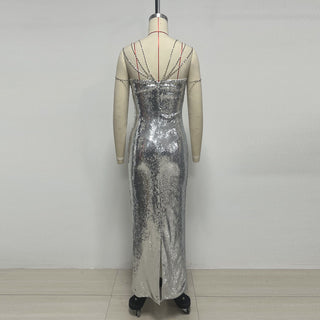 Crystal Strap Sequin Corset Bodycon Long Dress