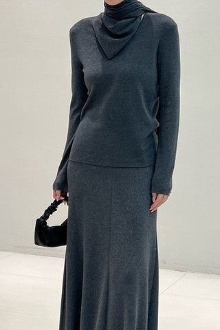 Long Sleeve Knit Top with Attached Scarf Detail and Regular Length