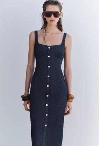Indigo Denim Body-Sculpt Dress – Sleeveless, Button-Front Design