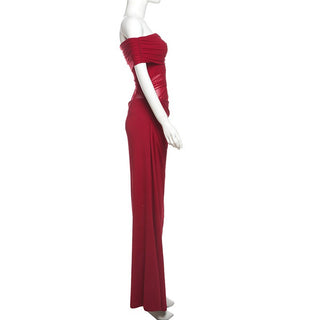 Off-Shoulder Ruched Mesh Cut-Out Long Dress