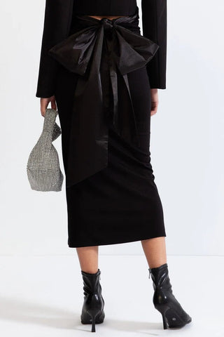 Satin-Waist Wrapped Blazer with 3D Rose Detail Midi Skirt