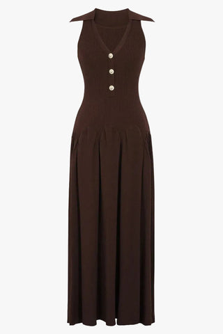 Ribbed Knit Sleeveless Collared V-Neck Long Dress with Gold Buttons & Flared Skirt