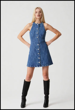 Sculpted Button-Front Denim Mini Dress — Sleeveless Fitted A-Line