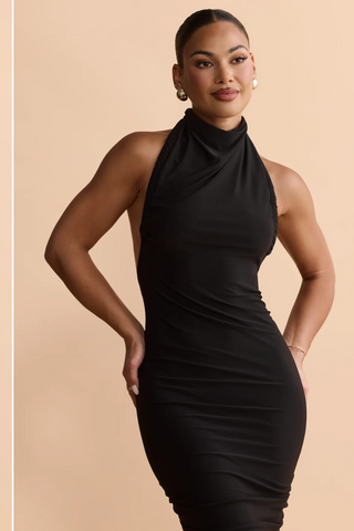 Halter Neck Ruched Open-Back Long Dress