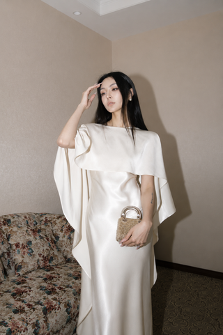Satin Cape Sleeve Open Back Long Dress