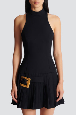 Chic High Neck Sleeveless Mini Dress with Pleated Skirt and Statement Belt Detail