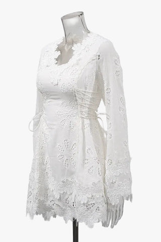 Lace Long Sleeve Mini Dress – V-Neck with Floral Detail & Adjustable Side Fit