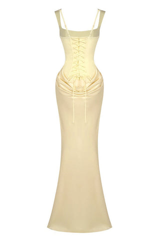 Romantic Sleeveless Corset Long Dress with Draped Waist & Lace-Up Back