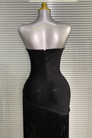 Strapless Floral Appliqué Fringe Long Dress with Bodycon Silhouette