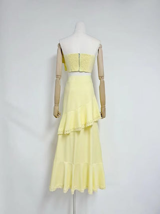 Strapless Lace Appliqué Crop Top & Tiered Asymmetric Long Skirt Set