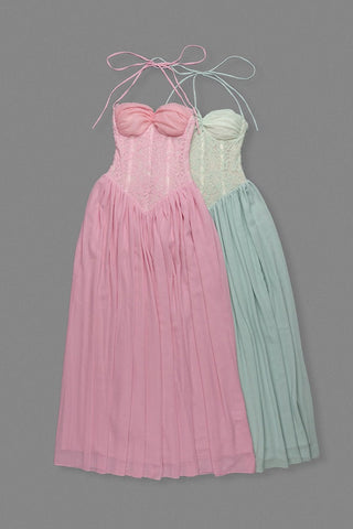 Lace Corset Halter Long Dress – Pleated Chiffon Evening Dress