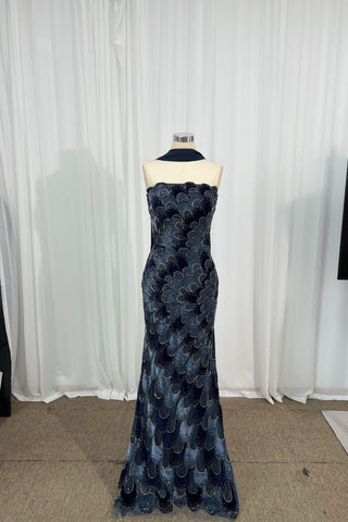 Shimmer Petal Sleeveless Long Dress with Draped Scarf