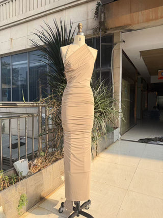 Halter Neck Ruched Open-Back Long Dress