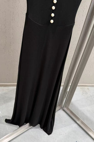 Pearl Button High Neck Short Sleeve Cutout Long Dress