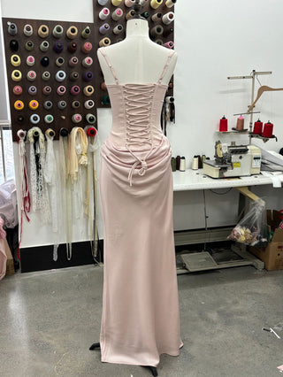 Structured Corset Back Long Dress with Draped Silhouette