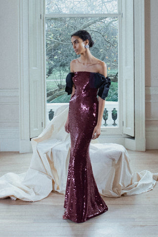 Sequin Bow Off-Shoulder Long Dress – Fitted Evening Gown