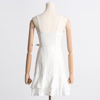 Embroidered Sleeveless Belted Mini Dress
