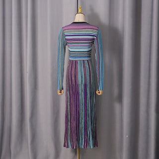 Metallic Striped Knit Maxi Dress with V-Neck and Long Sleeves