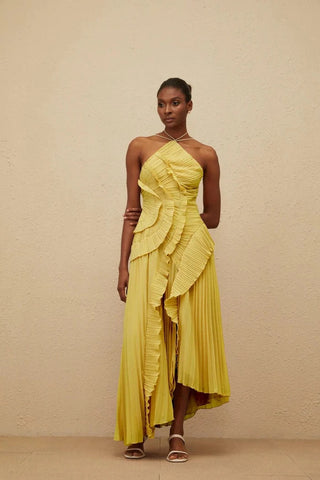 Halter Neck Pleated Ruffle Long Dress