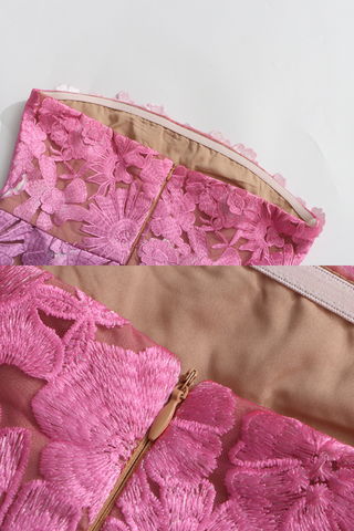 Ombre Floral Lace Strapless Long  Dress – Gradient Pink, Purple & Aqua Embroidery