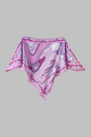Retro Swirl Satin Two-Piece Set – Scarf Tie Crop Top & High-Waist Long Skirt