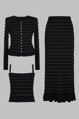 Three-Piece Knitted Set with Rhinestone Trim – Cardigan, Cami Top & Midi Long Skirt