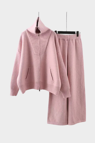 Cozy High-Neck Zip Knit Set – Soft Two-Piece Loungewear with Relaxed Wide-Leg Pants