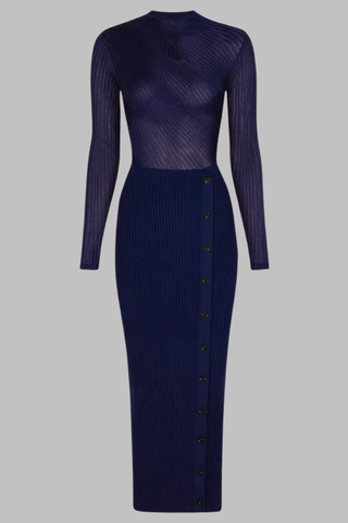 Long Sleeve Ribbed Knit Midi Dress with Asymmetrical Cutout and Button Slit