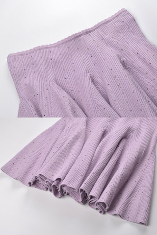 Ribbed Knit Top & Skater Skirt Set – Rhinestone Embellishments, Scalloped Trim & Flared Mini Skirt