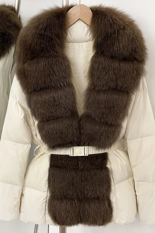 Belted Puffer Jacket with Faux Fox Fur Collar and Front Panel