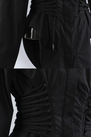 Long Sleeve Corset Waist Button-Up Shirt Dress with Adjustable Lace-Up Design