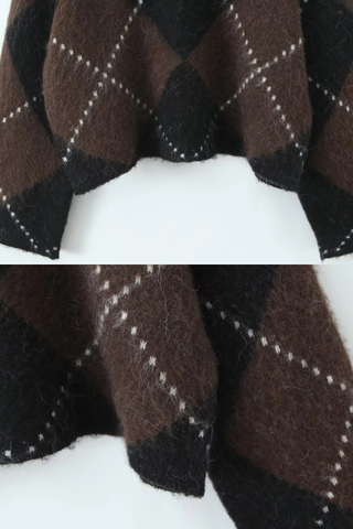 Fuzzy Argyle Knit Set – High-Neck Sweater and Mini Skirt