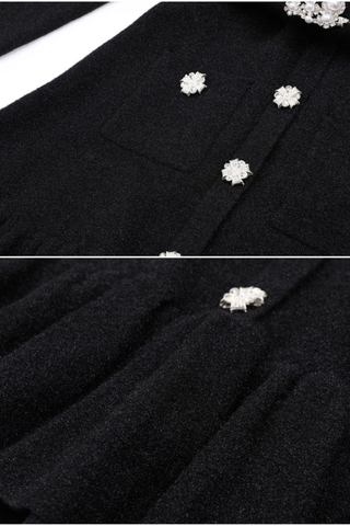 Round Neck Slim-Fit Wool-Blend Mini Dress with Crystal Embellished Buttons