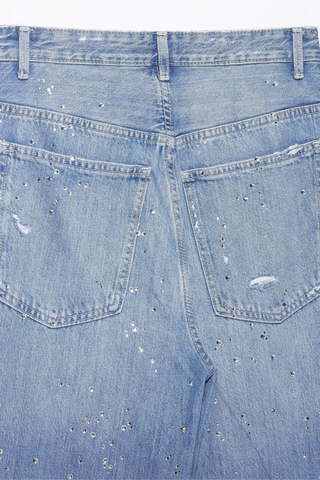 Wide-Leg Rhinestone Denim Pants