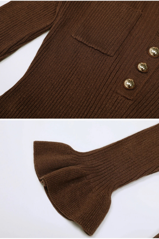 Metallic Ribbed Knit Long Sleeve Midi Dress with Gold Chain Belt