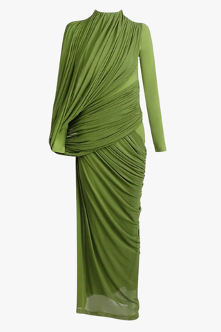 Elegant Long Mesh Dress with Long Sleeves & Sculpted Draped Design