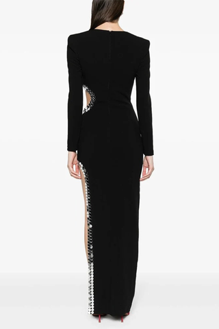 Long Sleeve Black Long Dress with Sequin Cutout Detailing and High Slit